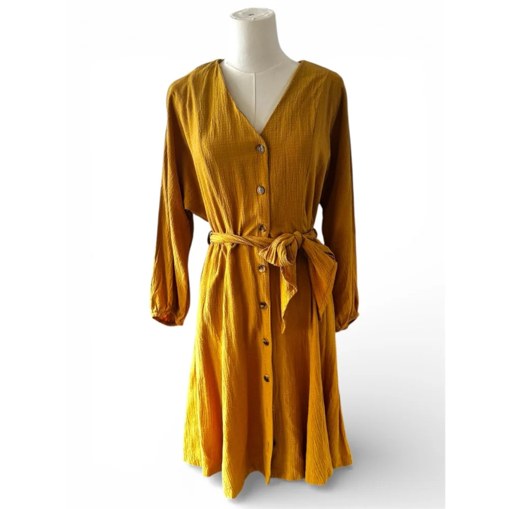Calvin Klein Mustard Yellow Belted Wrap Dress Size 4 - Picture 3 of 11